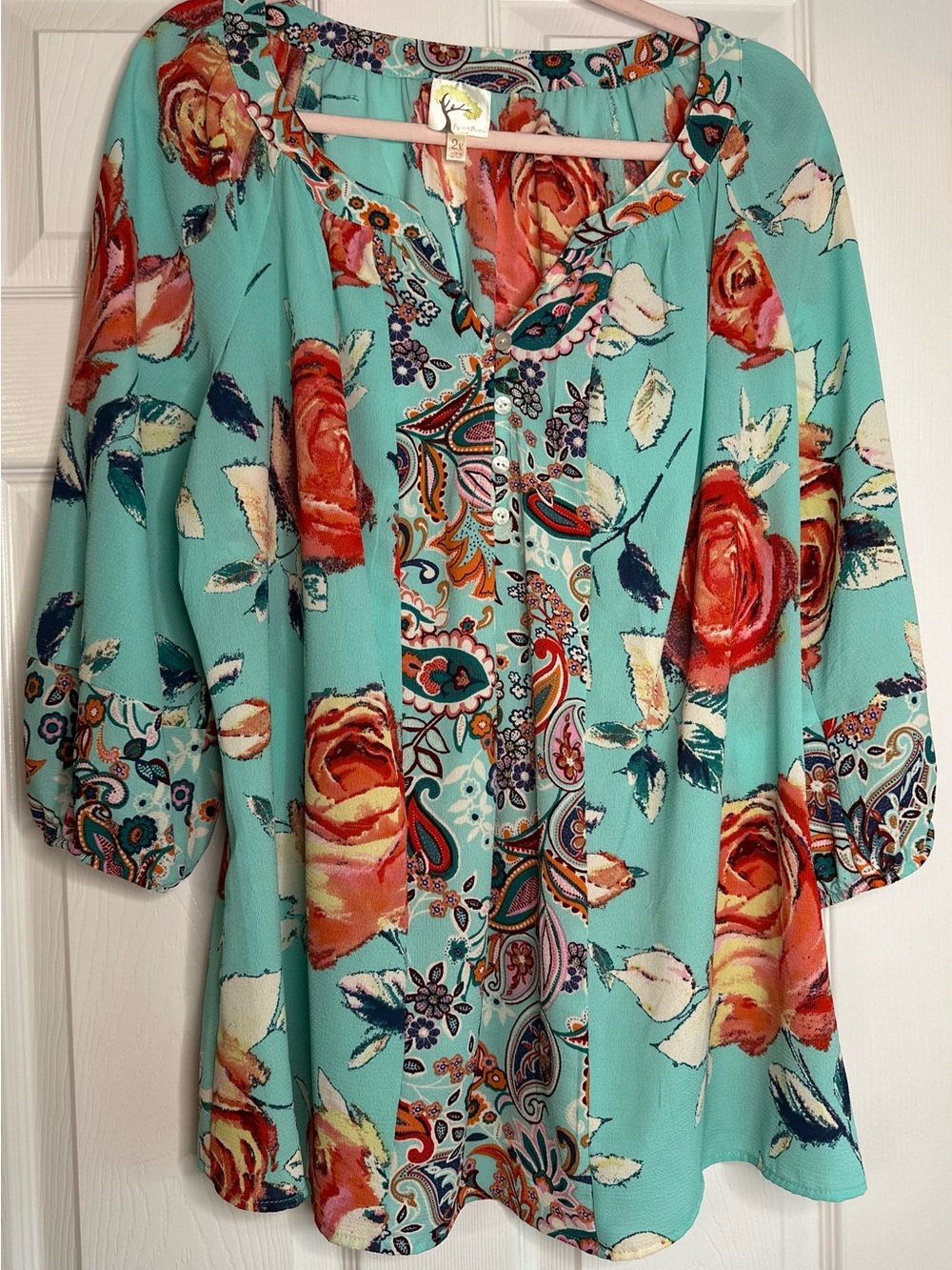 fig and flower Aqua Floral Tunic with Coral Rose Print
